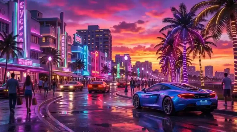 A sleek blue modern sports car parked on a wet neon-drenched Vice City street at sunset with glowing palm trees and pink purple sky gradients.