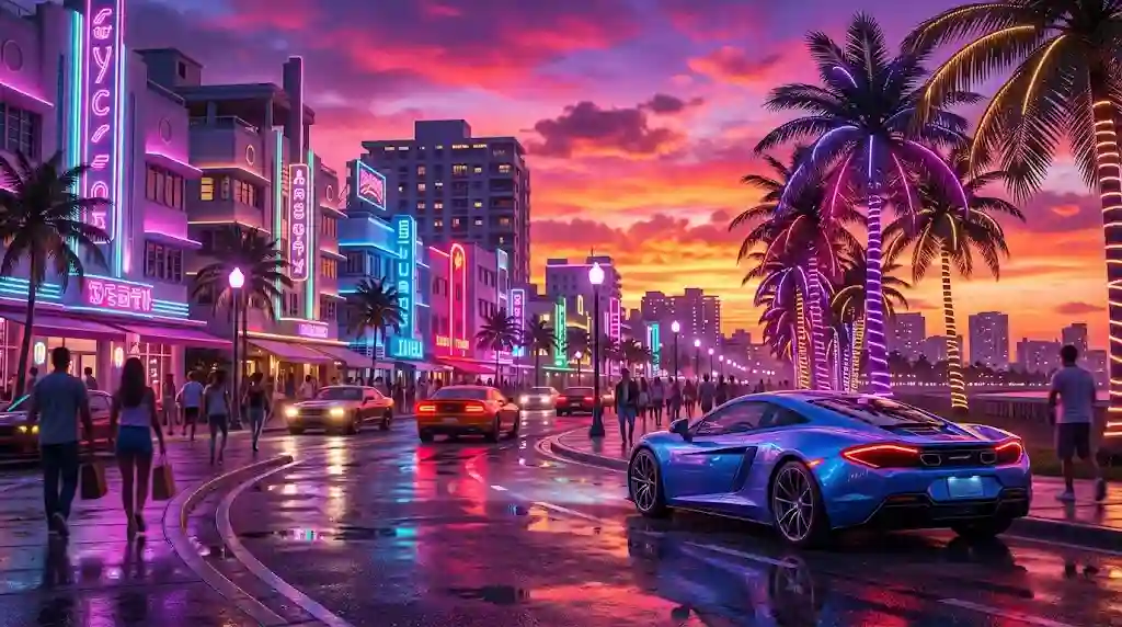 A sleek blue modern sports car parked on a wet neon-drenched Vice City street at sunset with glowing palm trees and pink purple sky gradients.