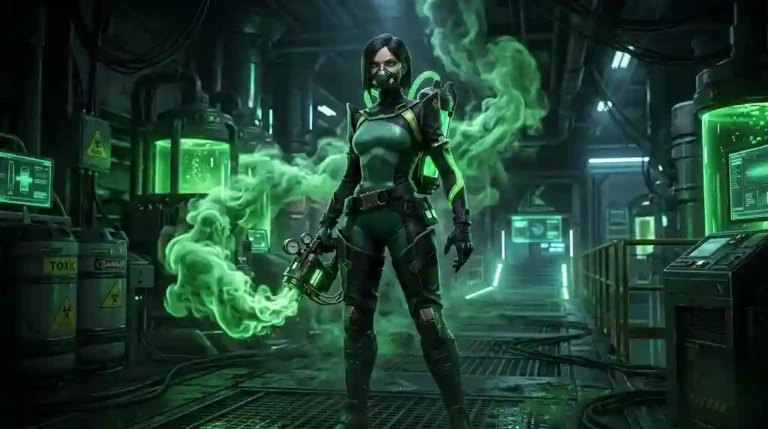 A cinematic 16:9 featured artwork of Viper from Valorant in a futuristic sci-fi laboratory surrounded by glowing green toxic chemical smoke and holding a poison emitter device.