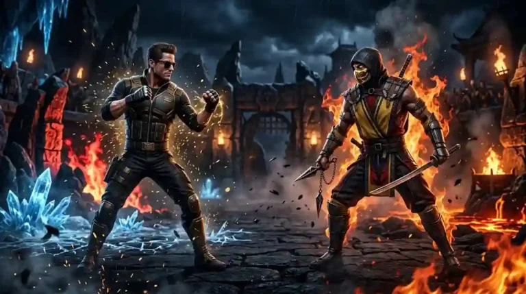 Johnny Cage and Scorpion standing ready for battle inside a dark, atmospheric Outworld arena with fire, ice crystals, and golden sparks