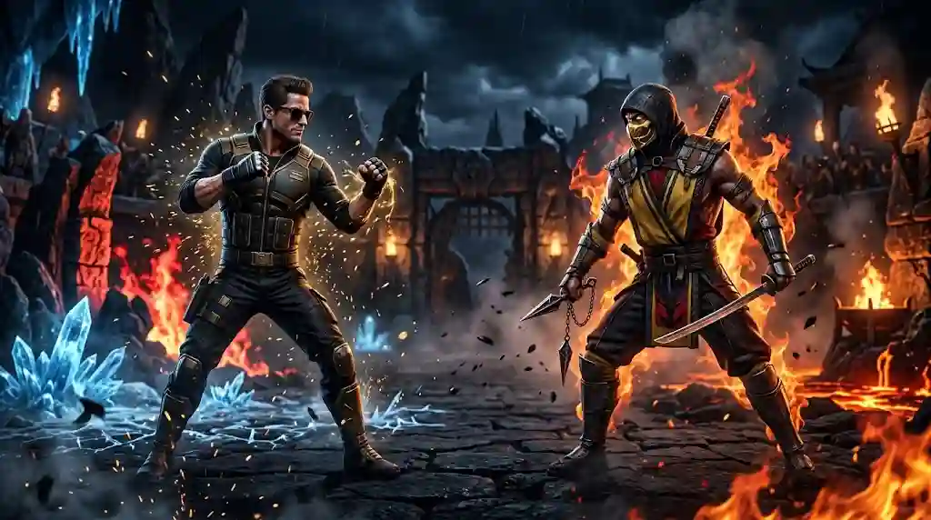 Johnny Cage and Scorpion standing ready for battle inside a dark, atmospheric Outworld arena with fire, ice crystals, and golden sparks