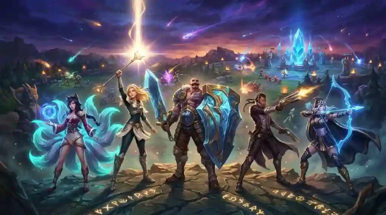 Five League of Legends champions standing on Summoner's Rift with glowing magical abilities and a blue Nexus crystal at twilight.