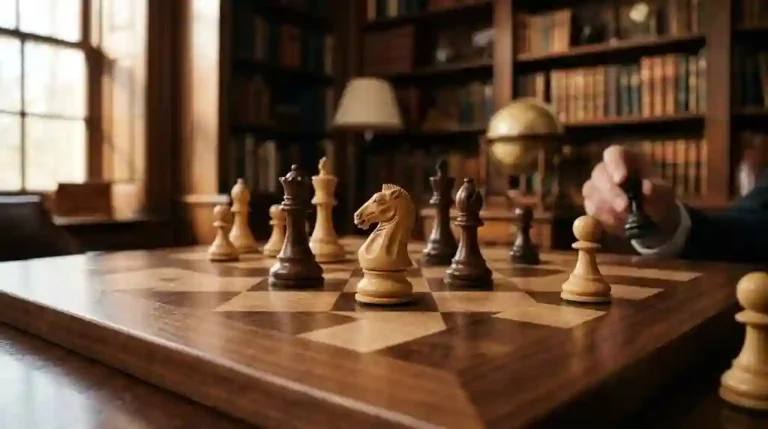 Premium wooden white knight chess piece standing in focus on a polished walnut board in an elegant library.