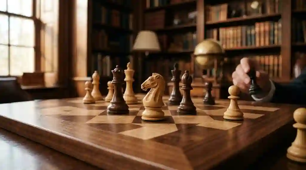 Premium wooden white knight chess piece standing in focus on a polished walnut board in an elegant library.
