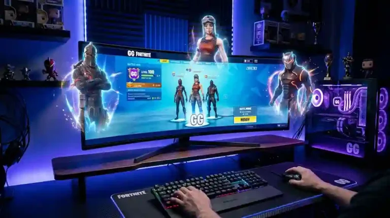 Futuristic gaming setup featuring a large curved monitor with Fortnite GG, floating holographic character skins, and blue and purple LED lighting.